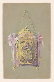 Design for an evening bag with a gilded silver bracket and tie ribbons, c.1905. Creator: Paul Louchet.