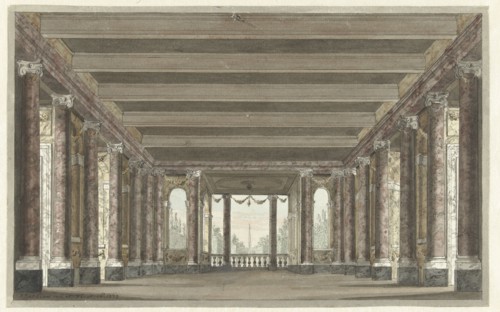 Design for a theater decor of a column gallery with Loggia, 1779. Creator: Pieter Barbiers.