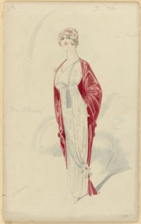Woman in white evening dress with floral pattern, No. D.34, 1914. Creator: Price.