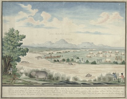 Hippopotamus hunt at the Seekoei River, 1778. Creator: Robert Jacob Gordon.