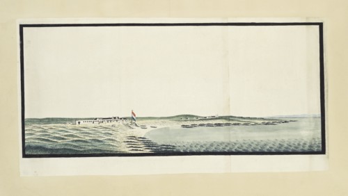 The postmaster’s house on Robben Island, seen from the sea, c.1777. Creators: Robert Jacob Gordon, Johannes Schumacher.