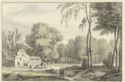 Landscape with a covered wagon outside farm buildings, 1637-1692. Creator: Roelant Roghman.