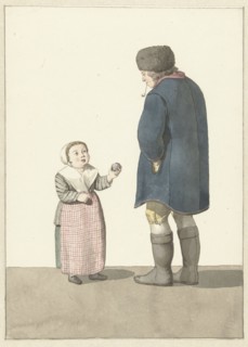 Girl with ball standing in front of a man, 1700-1800. Creator: W. Barthautz.
