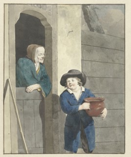 Boy with a pot with a woman leaning on a lower door, 1700-1800. Creator: W. Barthautz.