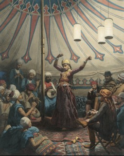 Egyptian dancer in a tent, with musicians and spectators, 1868 or later.  Creator: Willem de Famars Testas.