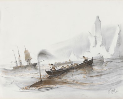 Whales by an ice floe, 1830-1860.  Creator: Albertus van Beest.