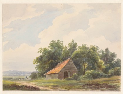 Landscape with barn and in the distance a shepherd with sheep, 1797-1870. Creator: Andreas Schelfhout.