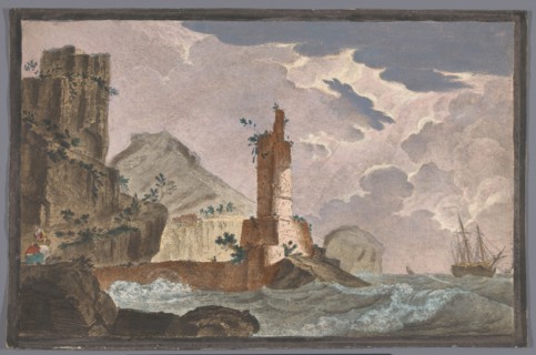 View of a harbor with the ruin of a tower on the waterfront, 1700-1799. Creator: Anon.