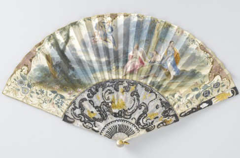 Folding paper fan depicting Hermes holding a woman's portrait, c.1750.  Creator: Anon.