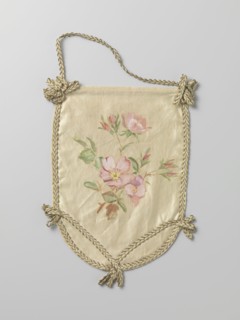 Pouch of ivory-coloured satin with pink flowers, c.1880-c.1890.  Creator: Anon.