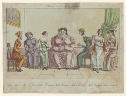 Group of English ladies seated on chairs. 1815. Creators: Anon, Paul-André Basset.