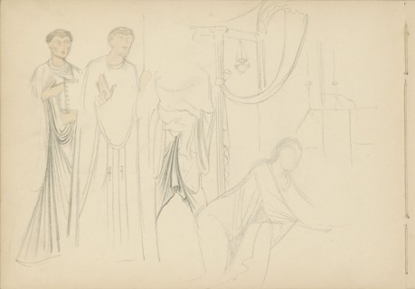 Two standing men with a kneeling woman in an interior, 1869-1925. Creator: Antoon Derkinderen.