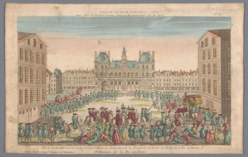 View of the Town Hall in Paris with a procession proclaiming peace, 1700-1799. Creator: Anon.