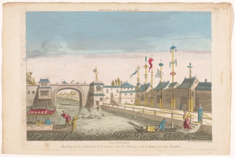 View of a bridge and a row of flags of different boats in Cochin-China, 1700-1799. Creator: Anon.