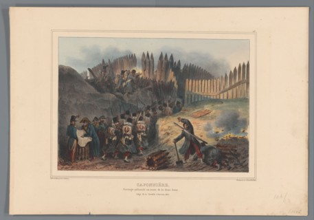 Group of soldiers file through an opening in the palisade, 1832, (1833).  Creator: Auguste Raffet.