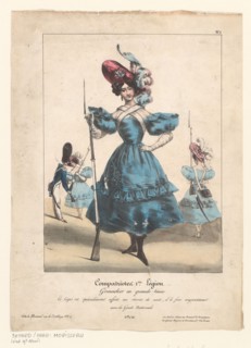 Fantasy uniform and armament for female grenadier, 1831. Creator: E. Morisseau.
