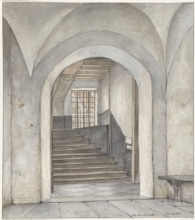 The stairs where Willem van Oranje was murdered, bullet holes and sign, 1835. Creator: Gerrit Lamberts.