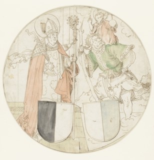 Saints Christophorus and Erasmus, each with a coat of arms, 1510-1550. Creator: Sebald Beham.