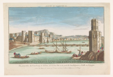 View of the Triana district, a bridge over the river Guadalquivir and the Torre del Oro...1735-1805. Creator: Unknown.