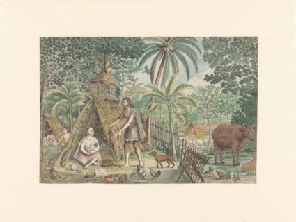 Adam and Eve in a utopian village scene, 1779-1785. Creator: Jan Brandes.