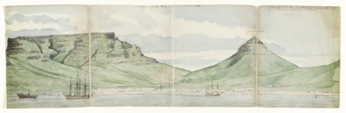 Table Mountain and Cape Town seen from the sea, 1787. Creator: Jan Brandes.