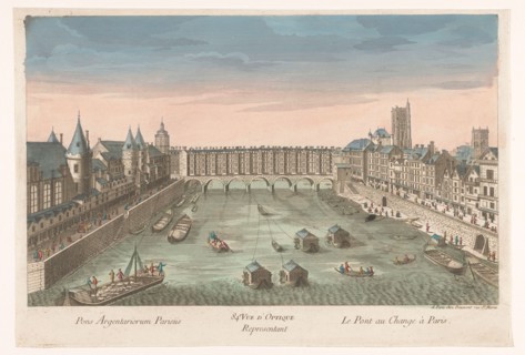 View of the built -up Pont au Change over the Seine River in Paris, 1745-1775. Creator: Anon.