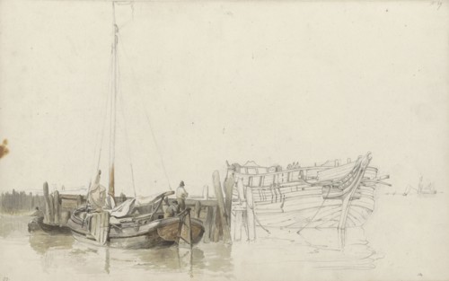 Men on a moored fishing boat at a quay, 1797-1838. Creator: Johannes Christiaan Schotel.