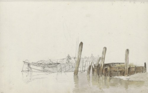 Man on a moored fishing boat at a quay, 1797-1838. Creator: Johannes Christiaan Schotel.
