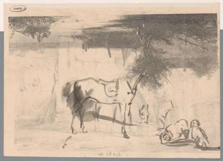 River landscape; two horses and a servant in a stable, 1846.  Creator: Johannes Franciscus Hoppenbrouwers.