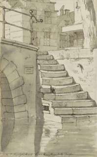 Stairs to the canal on the Koorstraat in Delft, c.1783-c.1797. Creator: Johannes Huibert Prins.