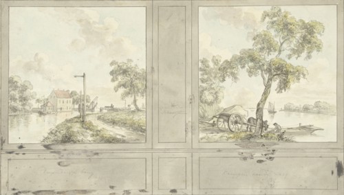 Design for room wall with paintings of Duivendrechtse Bridge and Krimpen aan de Lek, 1752-1819. Creator: Juriaan Andriessen.