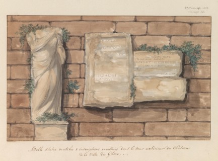 Damaged image and inscriptions bricked into wall of castle in the city of Gozo, 1778. Creator: Louis Ducros.