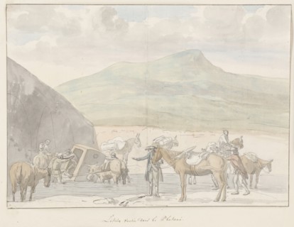 Tour company sedan chair overturns near river Platini, 1778. Creator: Louis Ducros.