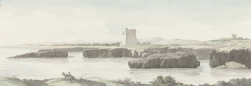 View on the coast of the Adriatic Sea with an observation tower on the other side of Monopoli, 1778. Creator: Louis Ducros.