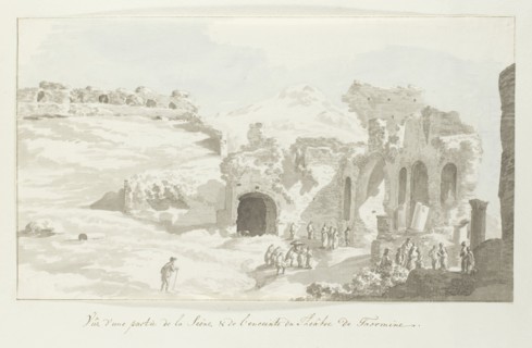 View of part of the stage and wall behind at Taormina theater, 1778. Creator: Louis Ducros.