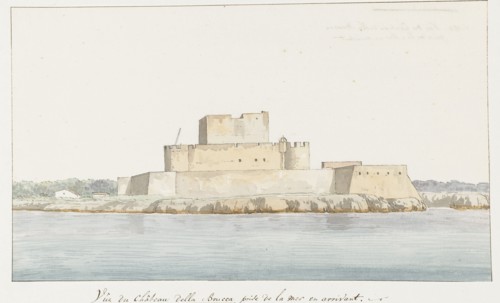 View of San Mauro la Bruca Castle from the sea, 1778. Creator: Louis Ducros.
