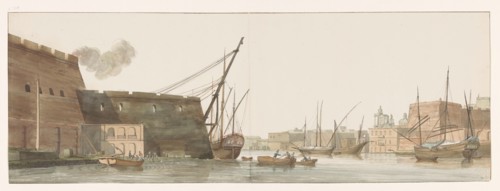 View of a wharf in the port with ships in Malta, 1778. Creator: Louis Ducros.