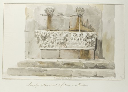 Old sarcophagus used as a fountain in Messina, 1778. Creator: Louis Ducros.
