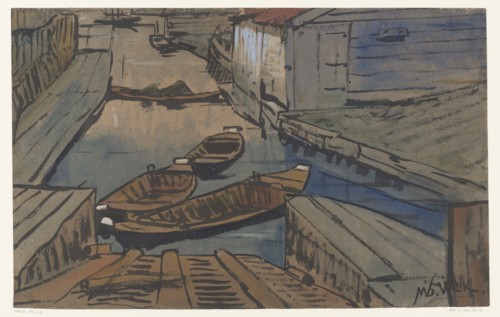 Boats on a canal between buildings, 1867-1935. Creator: Maurits Willem van der Valk.