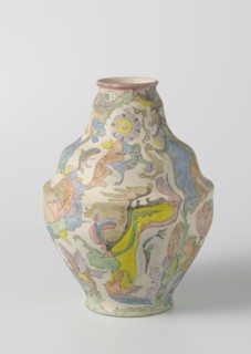 Vase with vaulted belly, polychrome painted with watercolour, c.1920-c.1922. Creator: Plateelbakkerij Zuid-Holland.