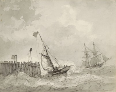 Two sailing ships at a landing place, c.1825-c.1875. Creator: Circle of Petrus Johannes Schotel.