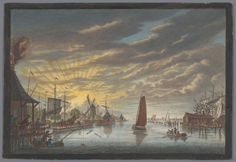View of the old marina in Amsterdam, seen towards the Bolwerk Leeuwenburg or Blauwhoofd, 1753-1799. Creator: Simon Fokke.