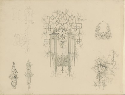 Study sheet with gothic architecture, ornaments and cartouche, c.1850. Creator: Petrus Josephus Hubertus Cuypers.