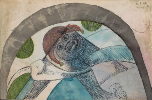 Anthropomorphic figure with a harlequin hat under an arc, 1944. Creator: Samuel Jessurun de Mesquita.