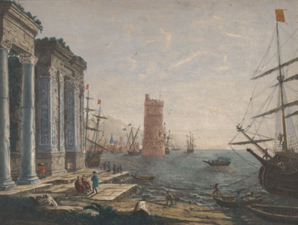 View of a harbour with ships and boats on the water, 1752. Creator: Thomas Major.