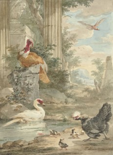 Turkey and Other Birds near Classical Ruins in a Park, c.1756-c.1761. Creator: Aert Schouman.
