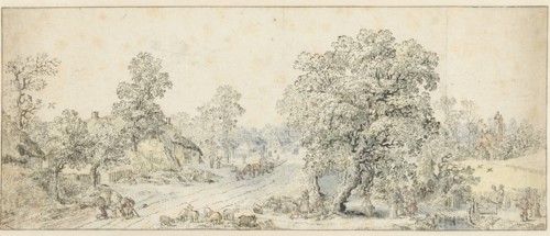 Landscape with walkers, a shepherd and many other figures, 1600-1699. Creator: Anon.