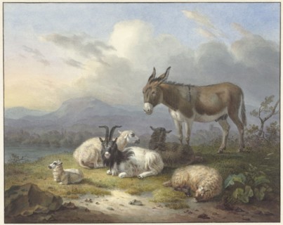 Landscape with donkey, goat and sheep, 1791-1850. Creator: Dirk van Oosterhoudt.