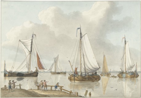 Sailing ships, on the side are five men, 1748-1805. Creator: Jan Arends.