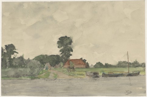 River landscape with farm, 1869-1941. Creator: Johannes Abraham Mondt.